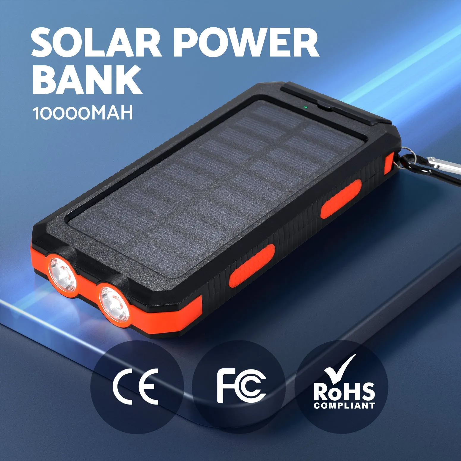 10000mAh Solar Power Bank Dual USB, LED Light, Water-Resistant
