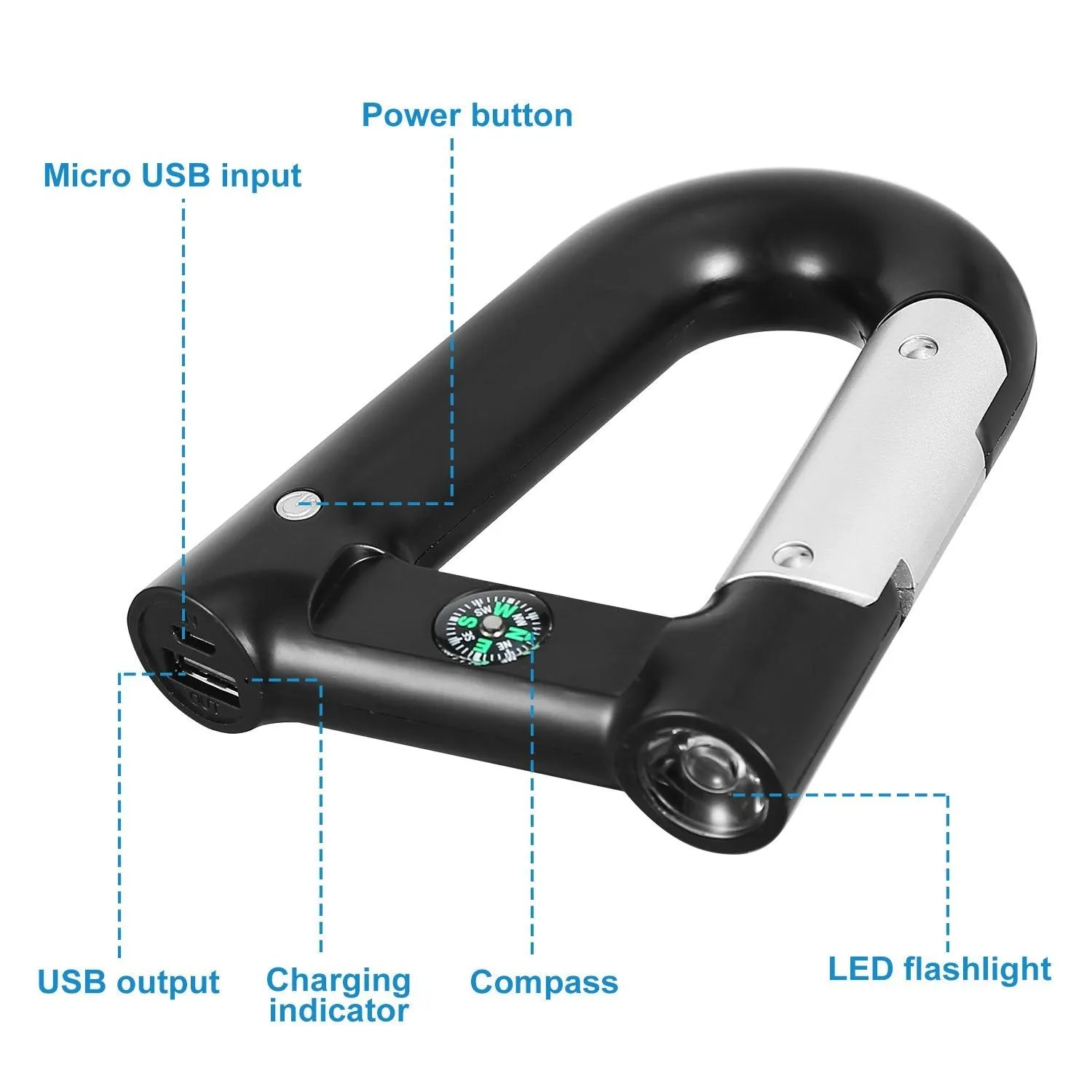 2200 mAh Powerbank with Emergency Flashlight Compass Carabiner-Shaped