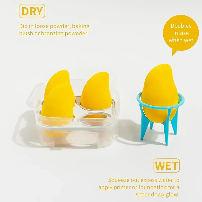 4 Packs Mango Makeup Egg Sponge Powder Puff For Both Wet And Dry Use Super Soft Non-eating Powder Makeup Sponge With Holder And Storage Box