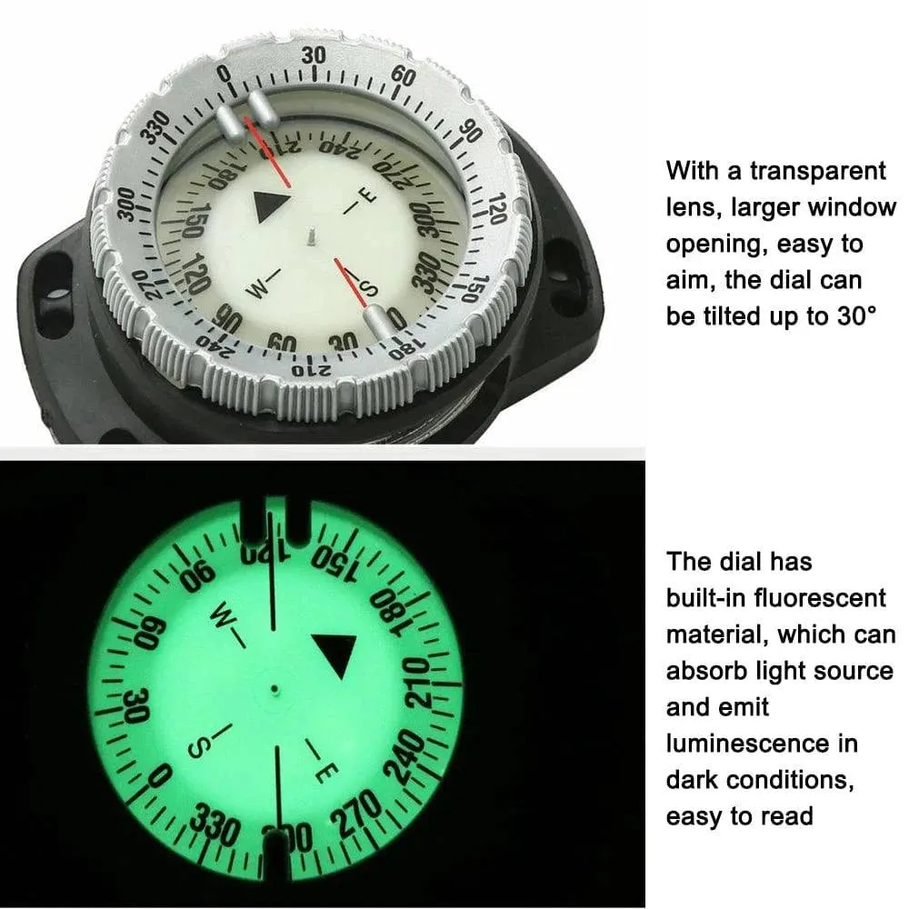 50M Underwater Diving Compass Luminous Dive Wrist Compass Waterproof Navigation Tool with Elastic Rope for Outdoor Camping