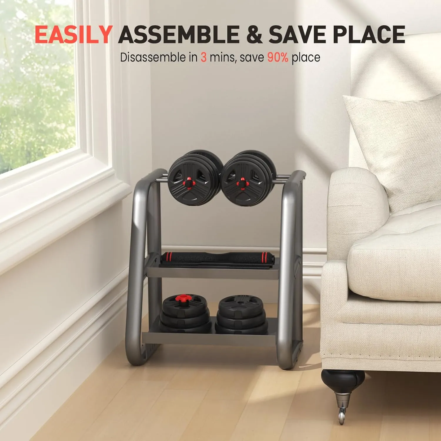 Adjustable Dumbbells, 20/30/40/55/60/70/80/90lbs Free Weights Dumbbells Convertible 2 or 3 in 1 Set Used as Barbell, Kettlebells, A Pair of Lightweight for Home Gym