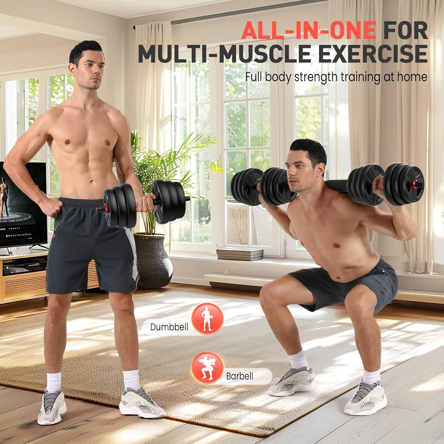 Adjustable Dumbbells, 20/30/40/55/60/70/80/90lbs Free Weights Dumbbells Convertible 2 or 3 in 1 Set Used as Barbell, Kettlebells, A Pair of Lightweight for Home Gym