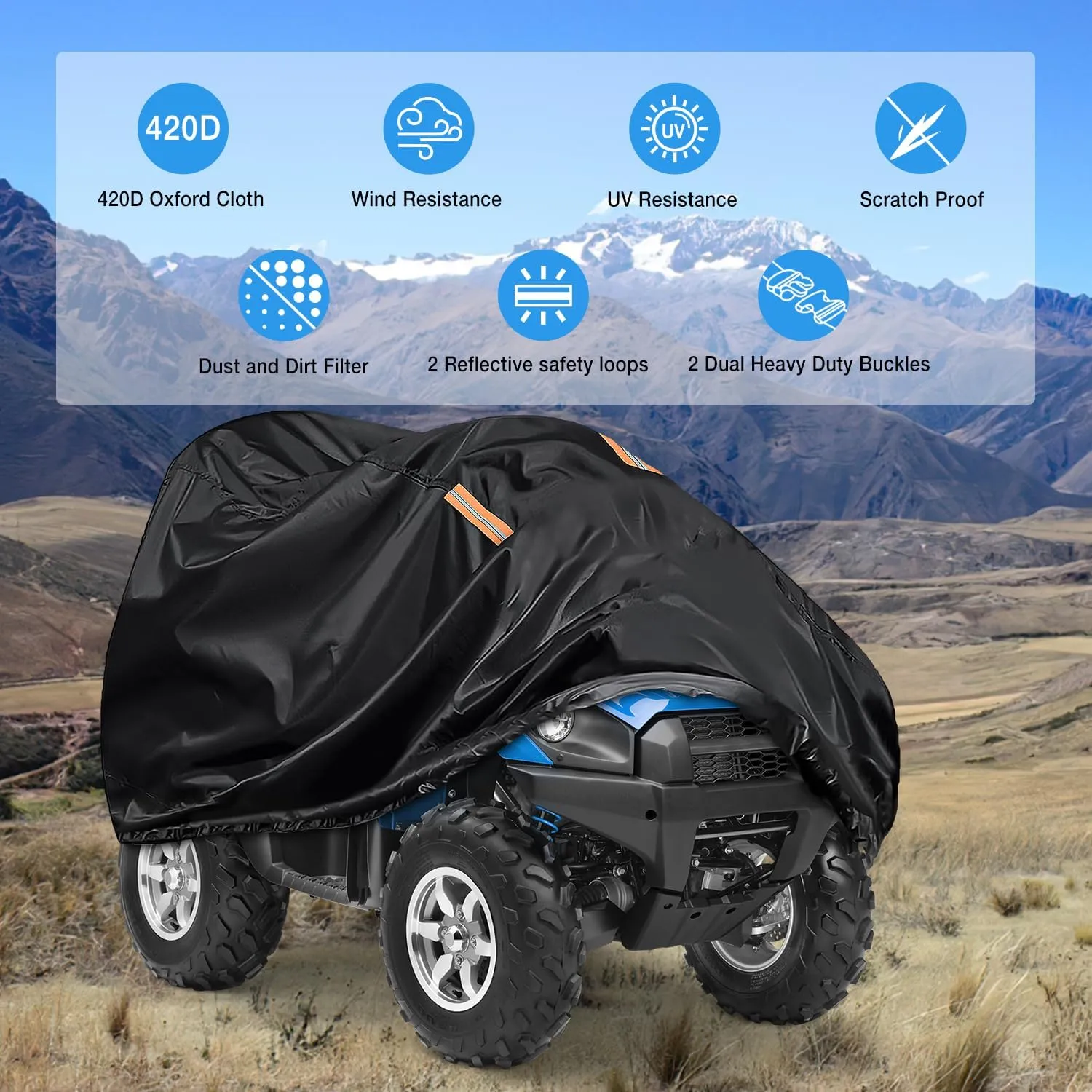 ATV Cover Waterproof 420D Heavy Duty Ripstop Material Black Protects 4 Wheeler from Snow Rain All Season All Weather UV Protection Fits up to 100 Inch