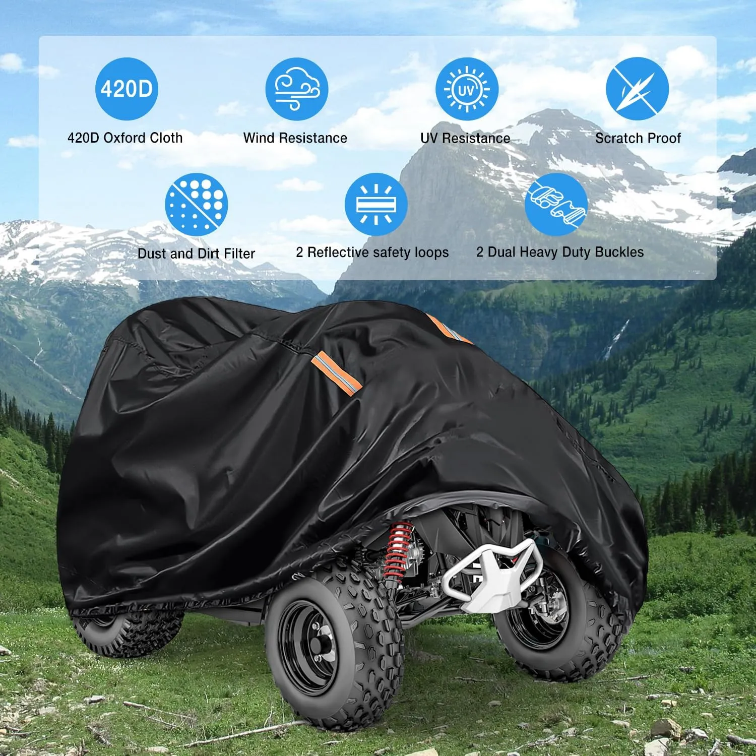 ATV Cover Waterproof 420D Heavy Duty Ripstop Material Black Protects 4 Wheeler from Snow Rain All Season All Weather UV Protection Fits up to 82 Inch