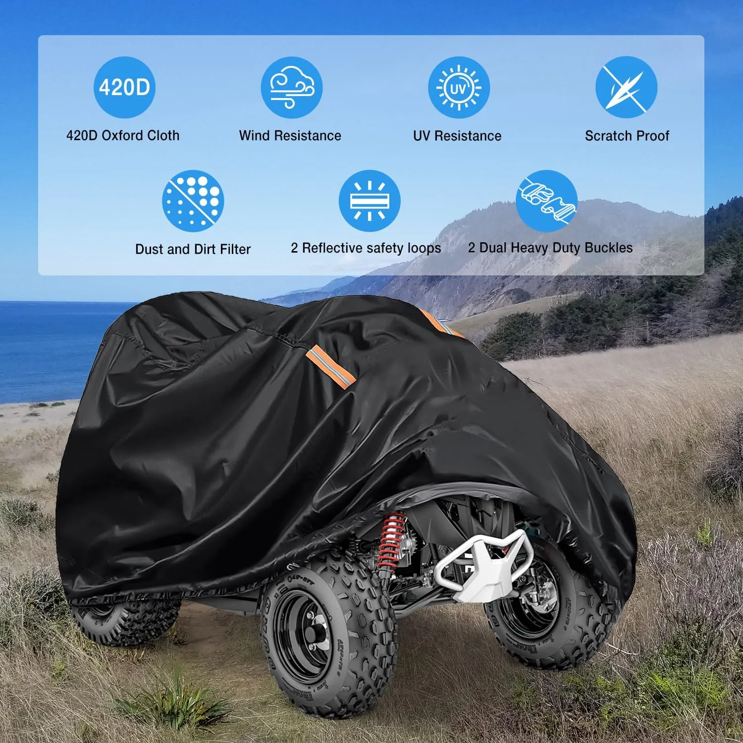 ATV Cover Waterproof 420D Heavy Duty Ripstop Material Black Protects 4 Wheeler from Snow Rain All Season All Weather UV Protection Fits up to 86 Inch