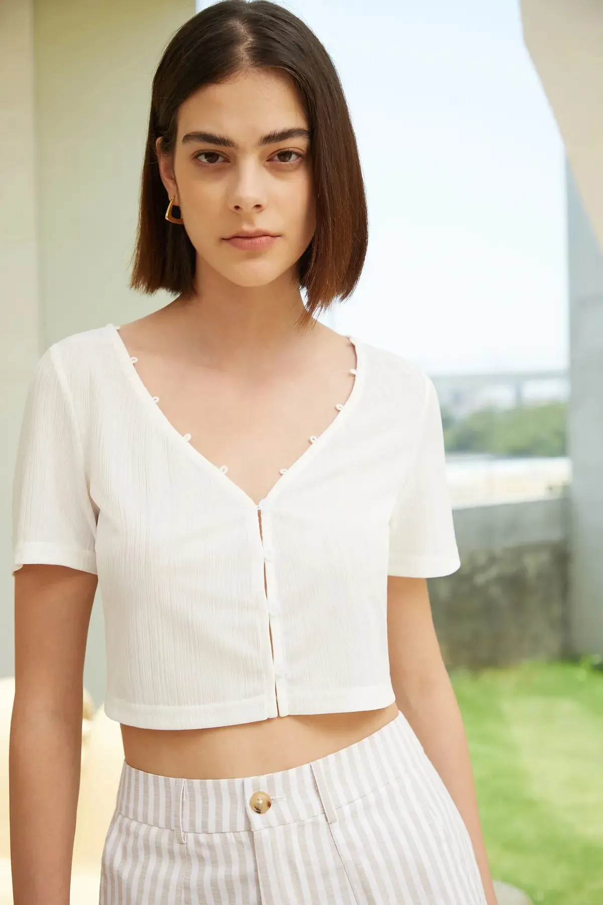 Button Front Rib Crop Top