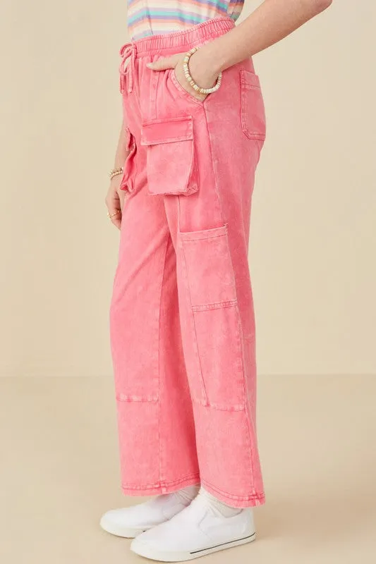 Girls Washed Cargo Pocket Detail Wide Leg Knit Pants