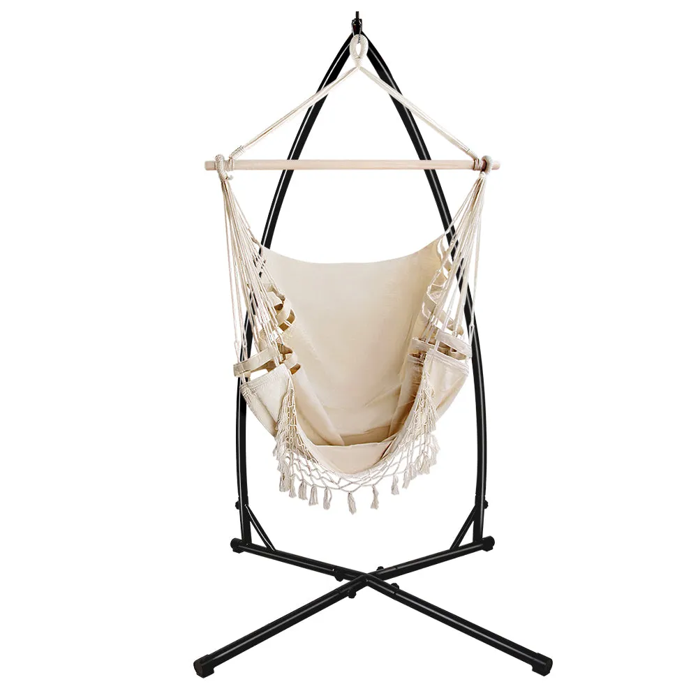 Hammock Chair with Steel Stand Hanging Outdoor Tassel - Cream