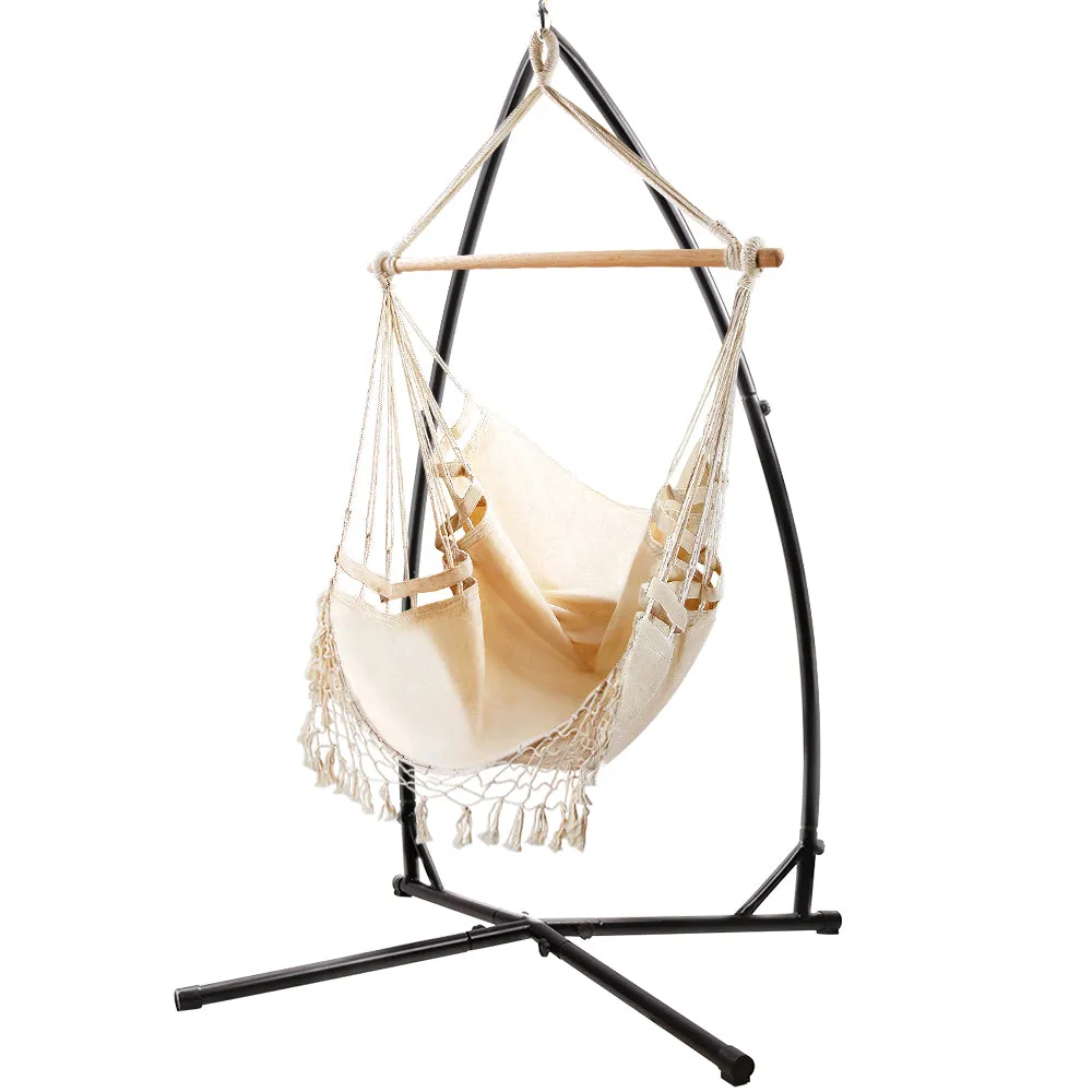 Hammock Chair with Steel Stand Hanging Outdoor Tassel - Cream