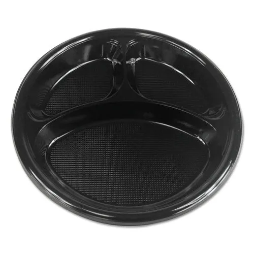 Hi-impact Plastic Dinnerware, Plate, 3-compartment, 10" Dia, Black, 125/sleeve, 4 Sleeves/carton