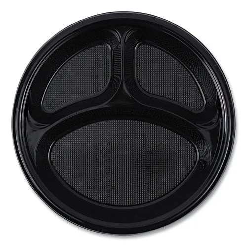 Hi-impact Plastic Dinnerware, Plate, 3-compartment, 10" Dia, Black, 125/sleeve, 4 Sleeves/carton