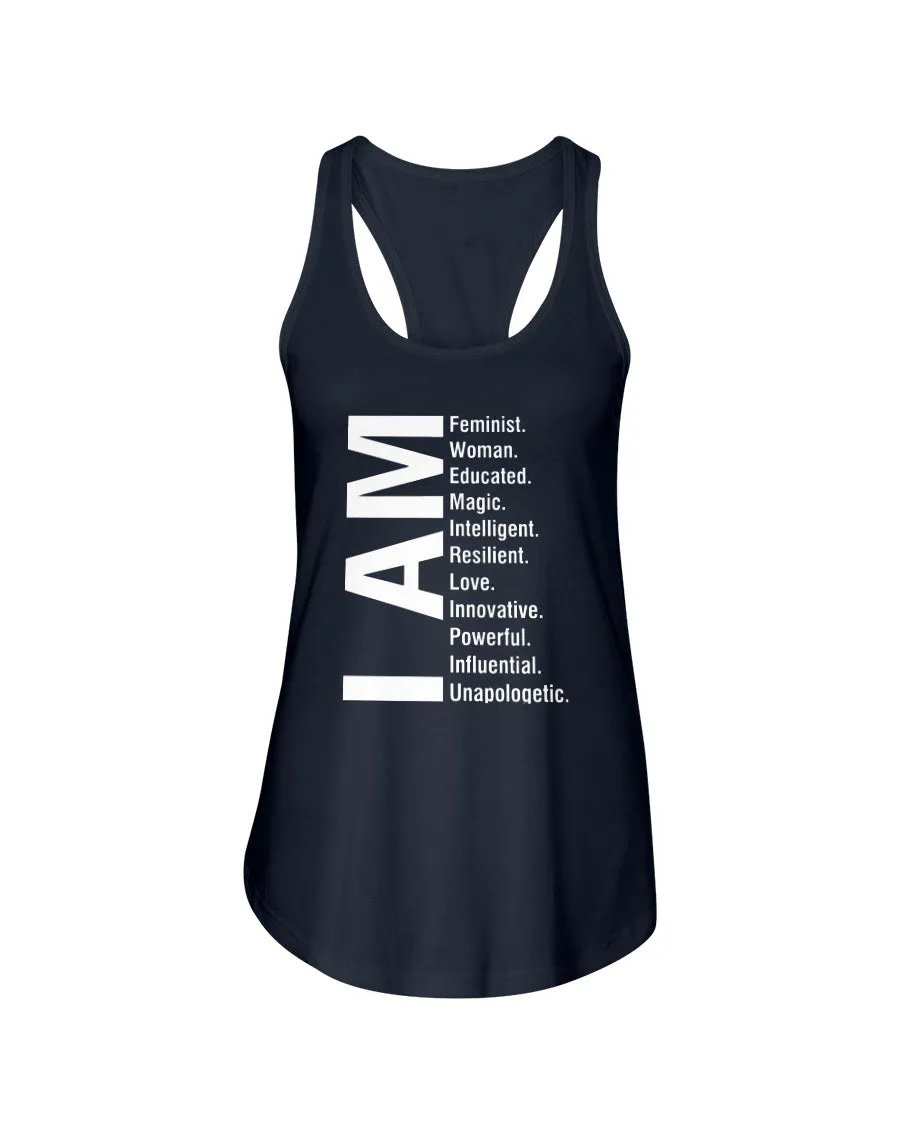 I Am Feminist Woman Educated Magic Intelligent Resilient Love Innovative Powerful Influential Unapologetic Next Level Ladies Racerback Tank