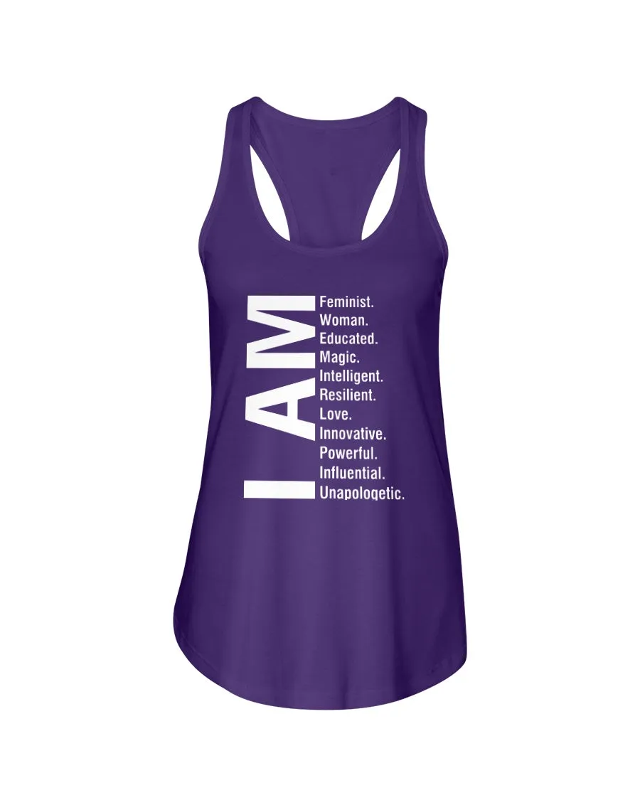 I Am Feminist Woman Educated Magic Intelligent Resilient Love Innovative Powerful Influential Unapologetic Next Level Ladies Racerback Tank