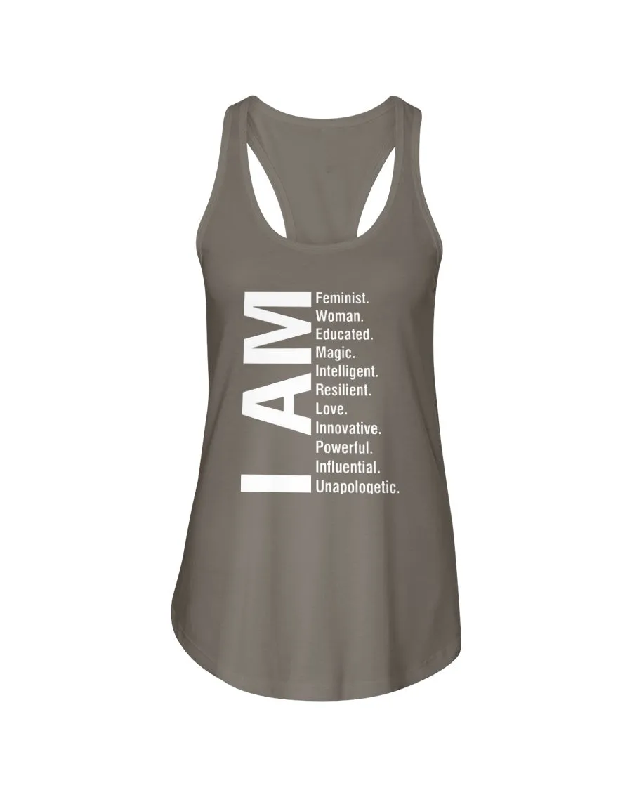 I Am Feminist Woman Educated Magic Intelligent Resilient Love Innovative Powerful Influential Unapologetic Next Level Ladies Racerback Tank