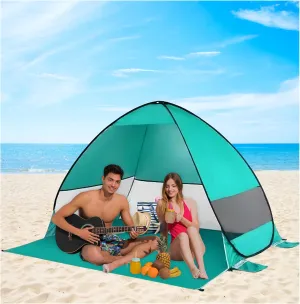 Pop Up Beach Tent Sun Shelter for 2-3 Person, 98% UV Protection, Includes 4 Sandbags, 6 Ground Pegs to Withstand Wind, Water Repellent, for Beach, Camping, Hiking, Fishing (Green)