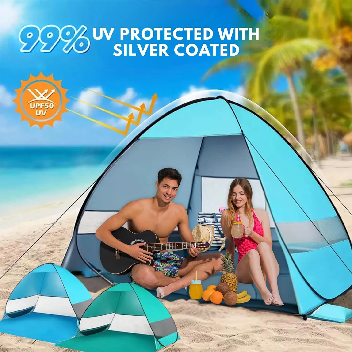 Pop Up Beach Tent Sun Shelter for 2-3 Person, 98% UV Protection, Includes 4 Sandbags, 6 Ground Pegs to Withstand Wind, Water Repellent, for Beach, Camping, Hiking, Fishing (Green)