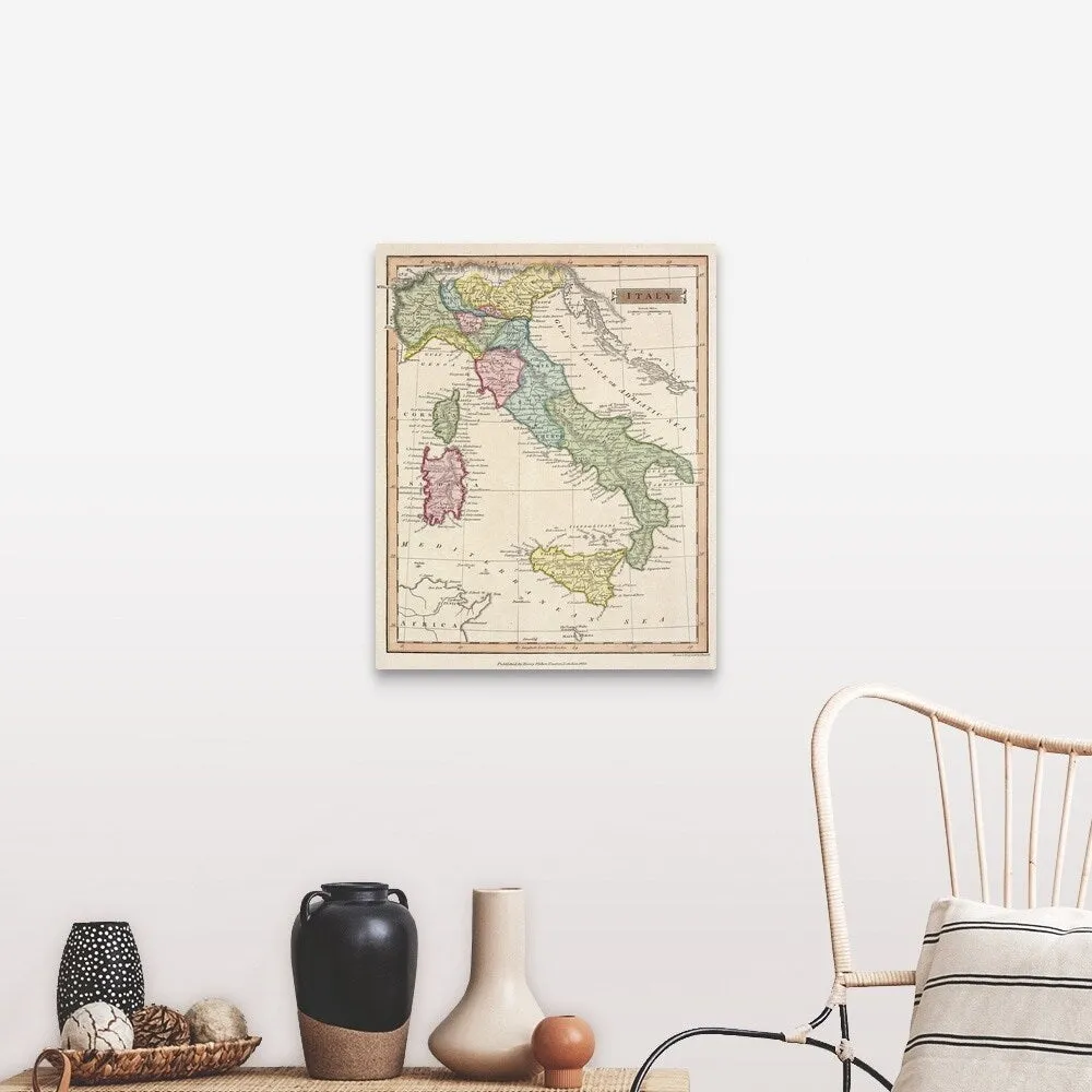 "Antique map of Italy and surrounding islands" Canvas Wall Art - Multi