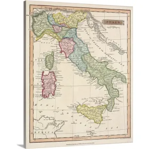 "Antique map of Italy and surrounding islands" Canvas Wall Art - Multi
