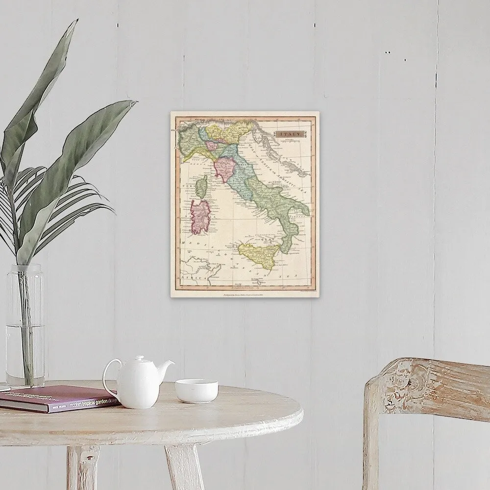 "Antique map of Italy and surrounding islands" Canvas Wall Art - Multi