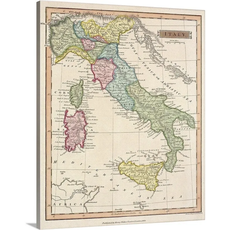 "Antique map of Italy and surrounding islands" Canvas Wall Art - Multi
