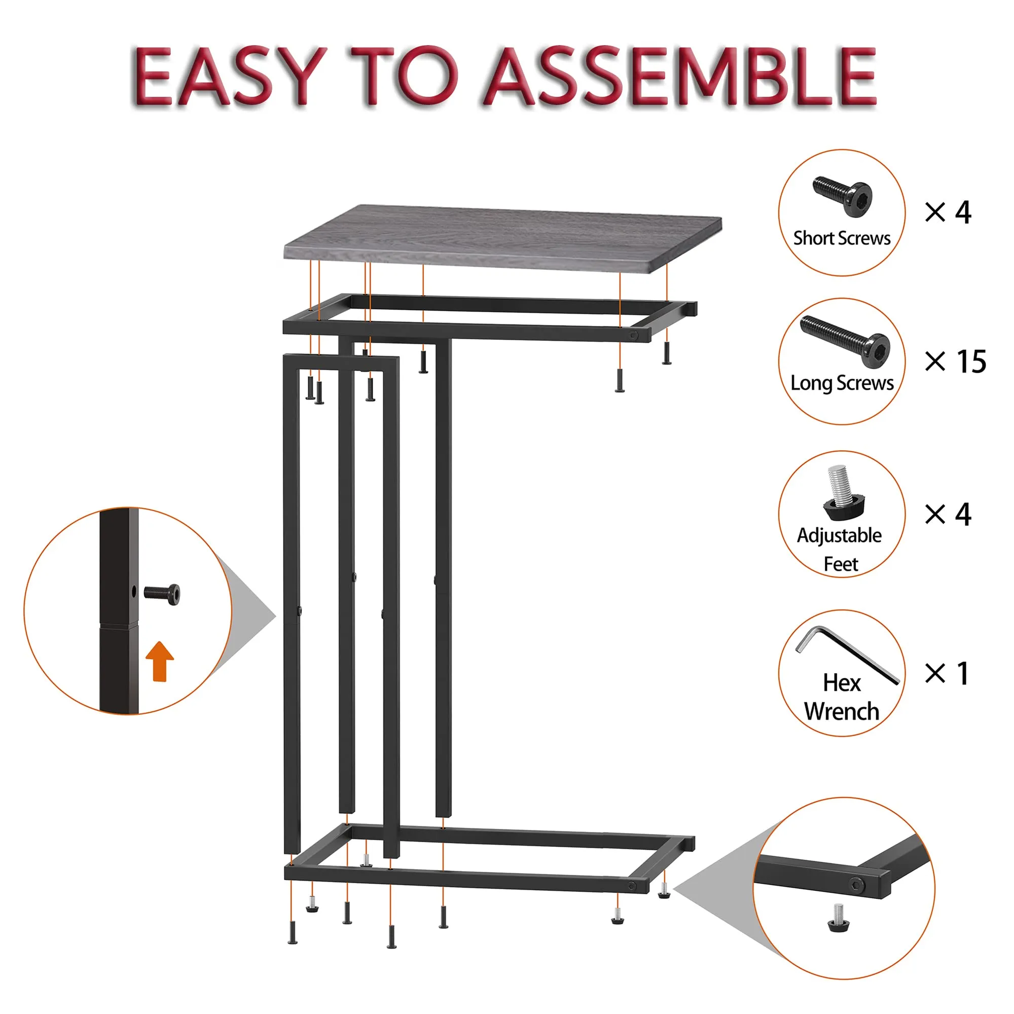 Yusong Side Table, End Table for Living Room, C Shaped Table with Stable Metal Frame, Sofa Couch Table for Coffee Snack Laptop, Easy Assembly, Grey
