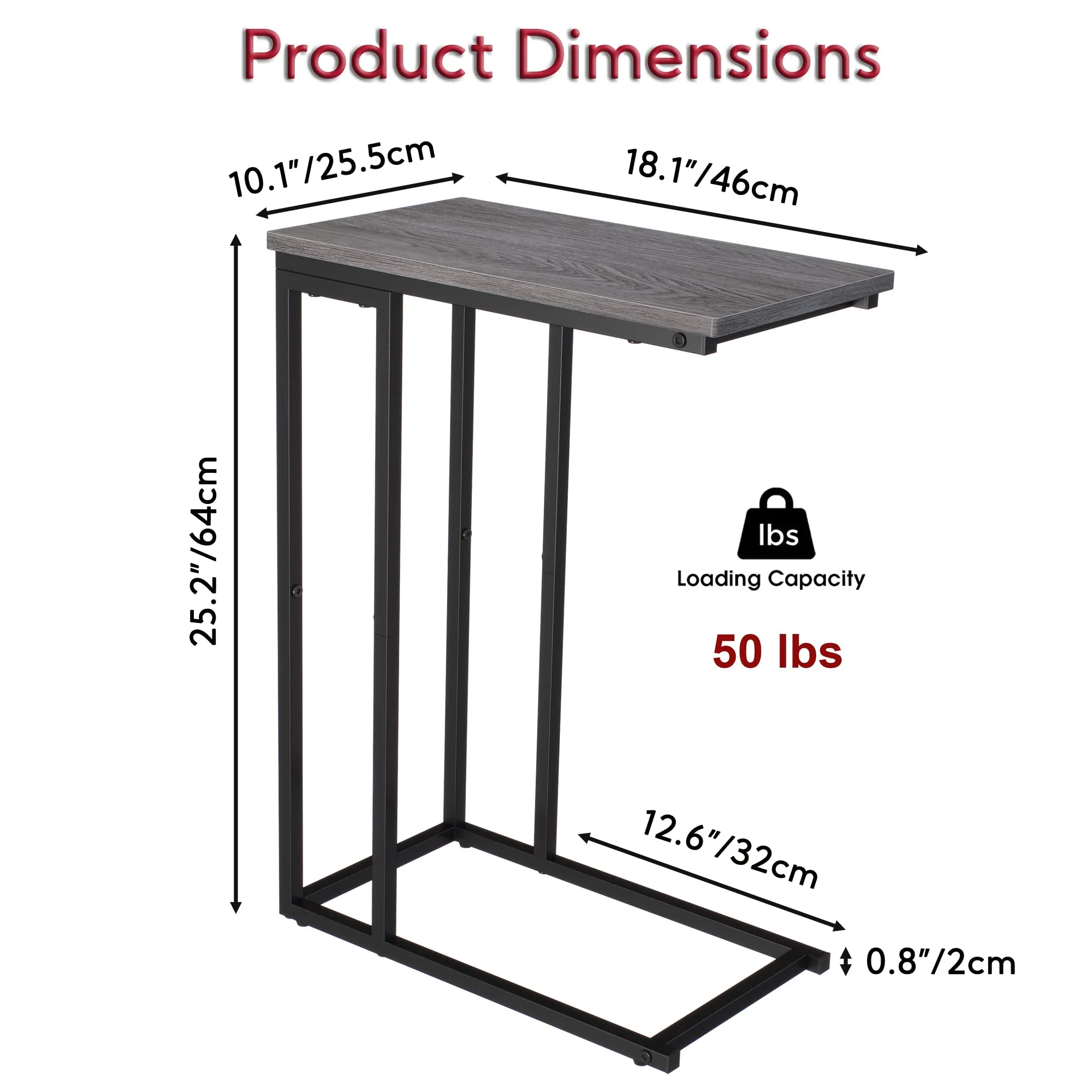 Yusong Side Table, End Table for Living Room, C Shaped Table with Stable Metal Frame, Sofa Couch Table for Coffee Snack Laptop, Easy Assembly, Grey