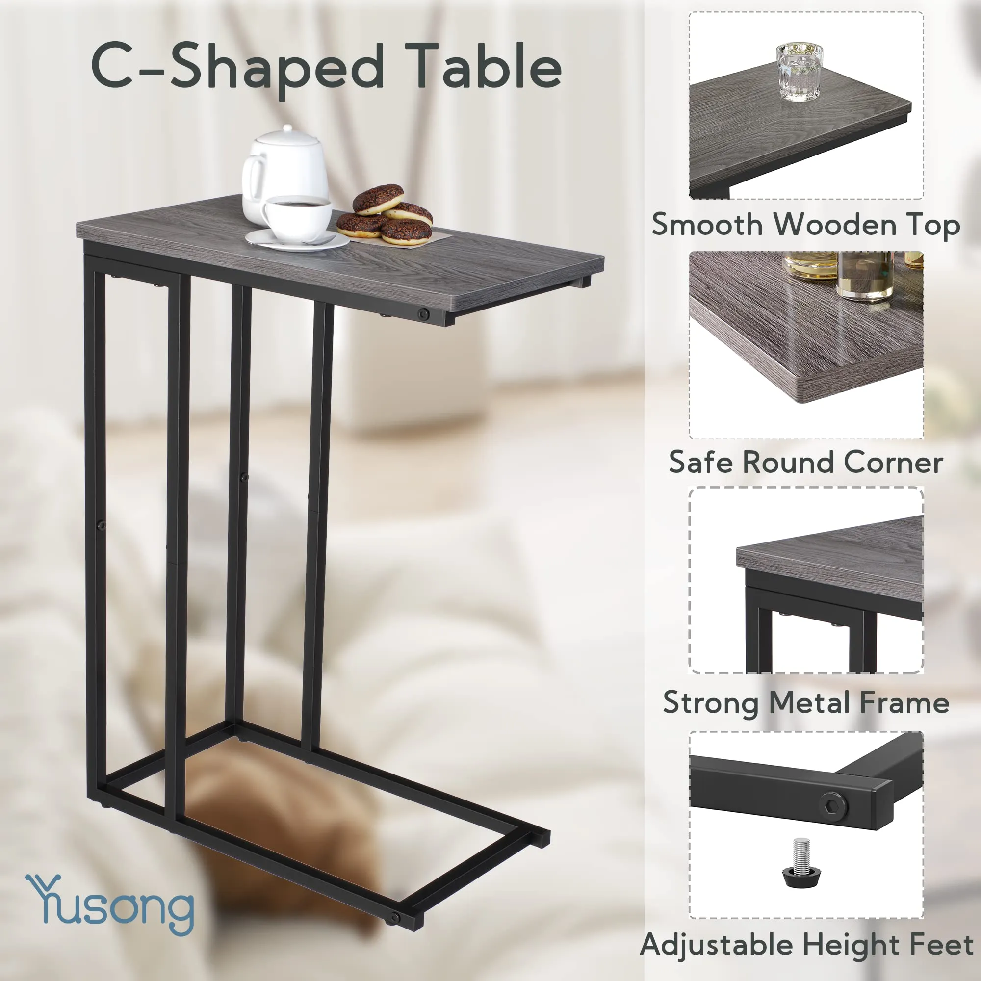 Yusong Side Table, End Table for Living Room, C Shaped Table with Stable Metal Frame, Sofa Couch Table for Coffee Snack Laptop, Easy Assembly, Grey