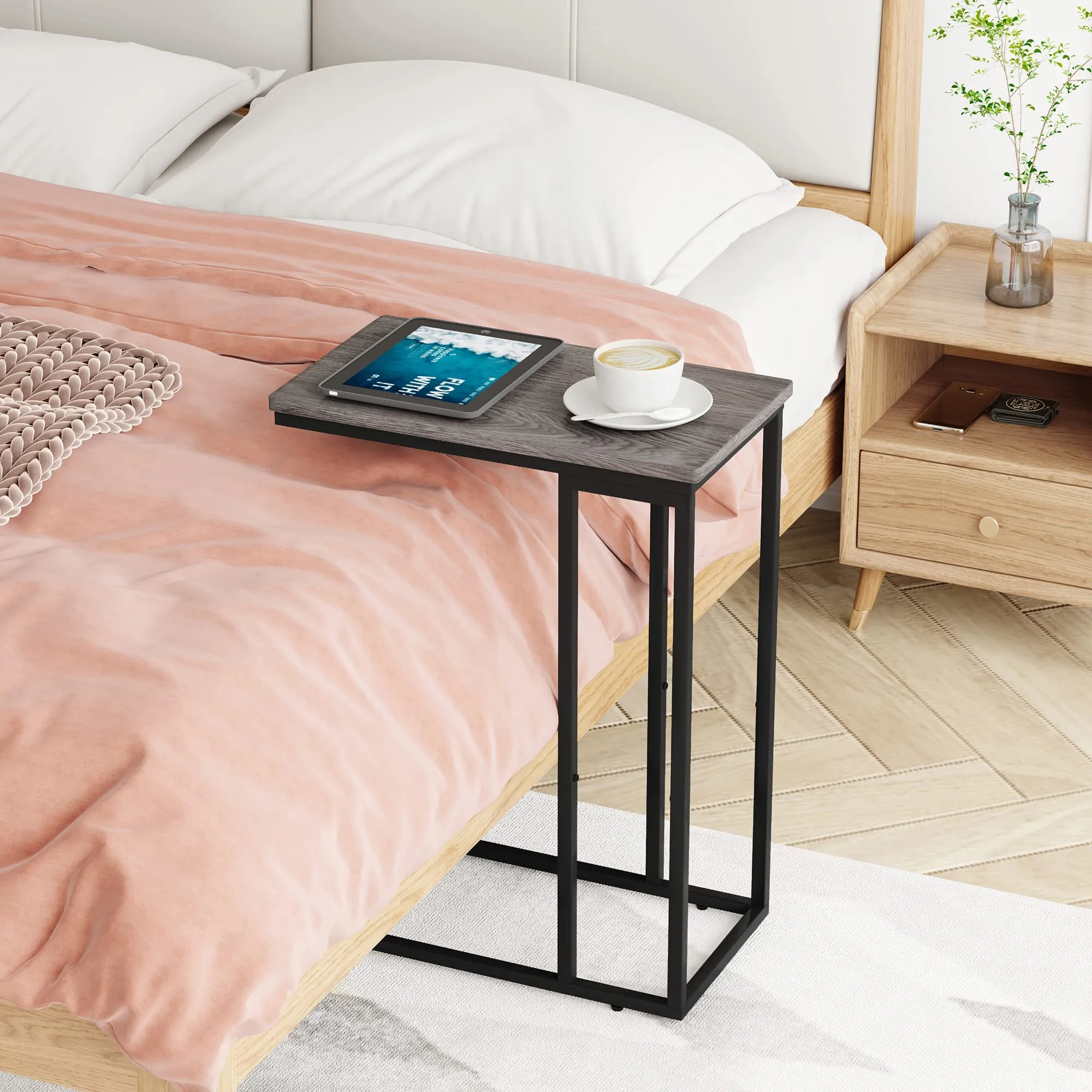 Yusong Side Table, End Table for Living Room, C Shaped Table with Stable Metal Frame, Sofa Couch Table for Coffee Snack Laptop, Easy Assembly, Grey