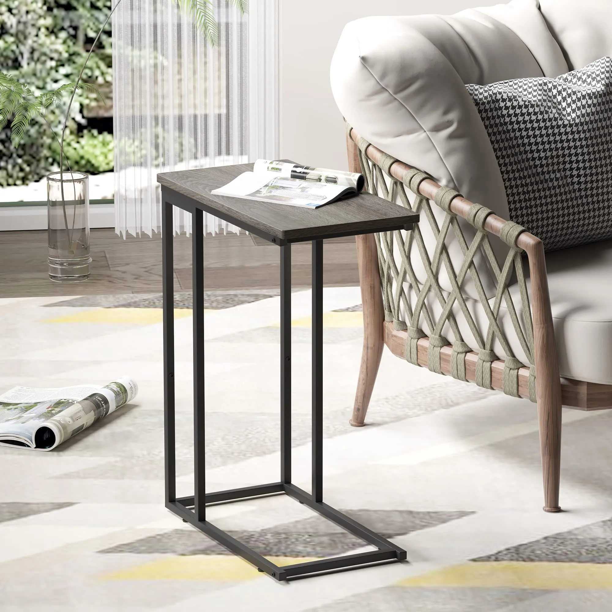Yusong Side Table, End Table for Living Room, C Shaped Table with Stable Metal Frame, Sofa Couch Table for Coffee Snack Laptop, Easy Assembly, Grey