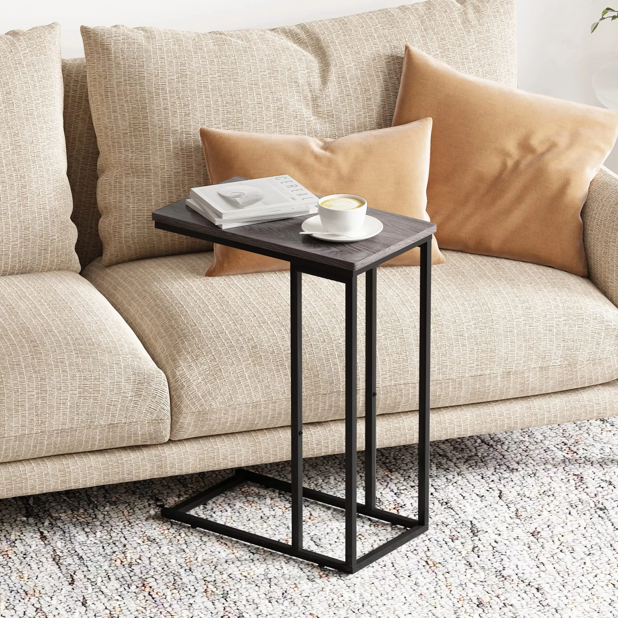 Yusong Side Table, End Table for Living Room, C Shaped Table with Stable Metal Frame, Sofa Couch Table for Coffee Snack Laptop, Easy Assembly, Grey